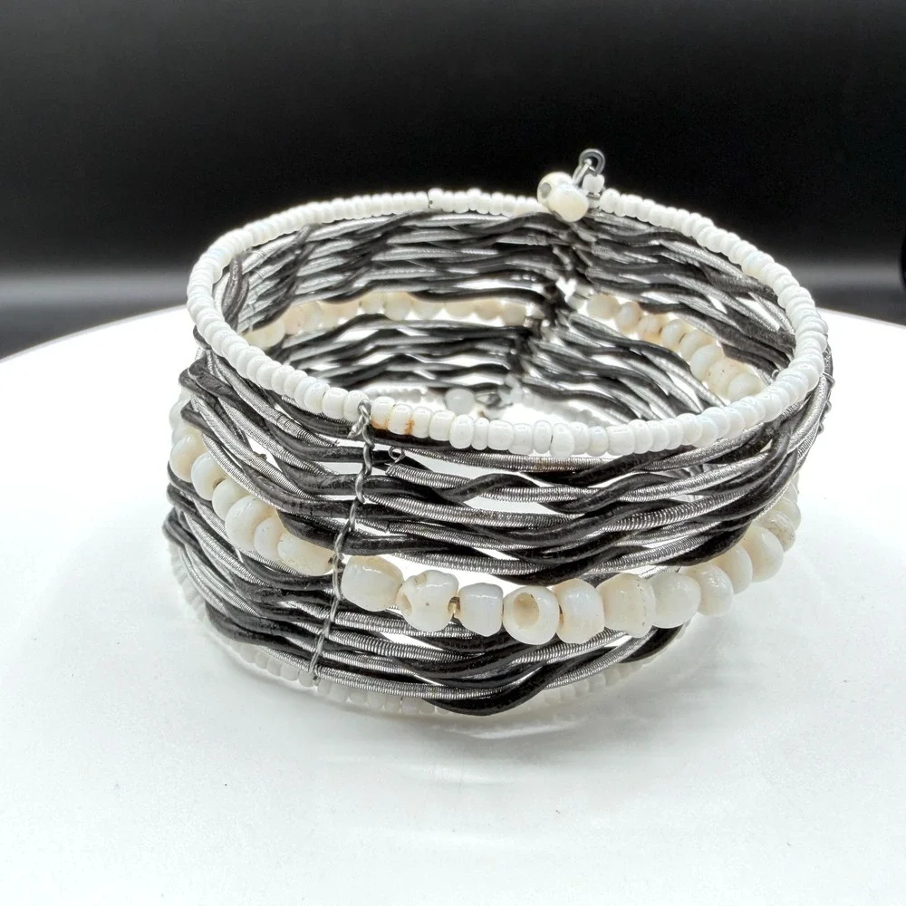 White Beaded Multi Strand Cuff Bracelet Boho Statement Layered Festival Gift